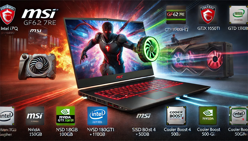 MSI GF62 7RE i7-7700HQ, ram 16g, ssd 180g + hdd 500g, 15.6 FHD, Nvida GTX 1050Ti 4GB GDDR5